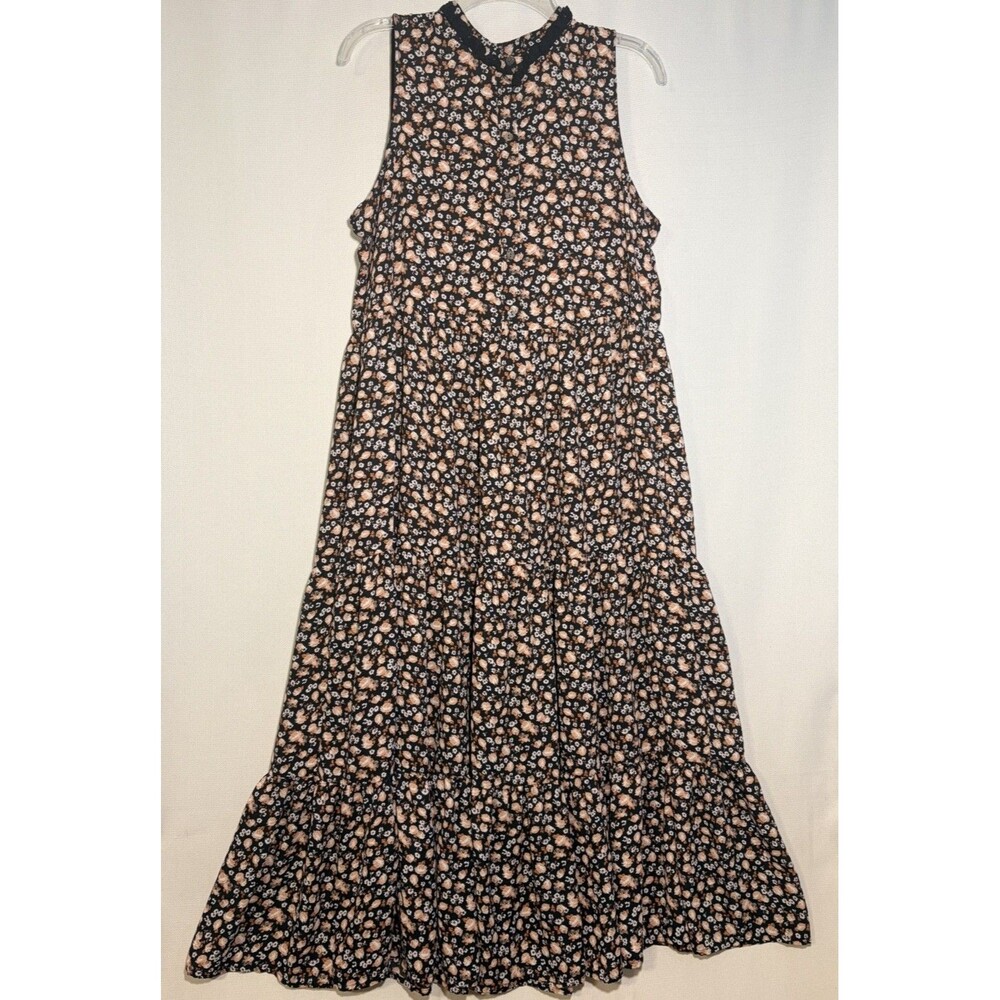 Levi’s Farah Ditsy Floral Tiered Dress Sz Med Ruffle Collar Black Brown